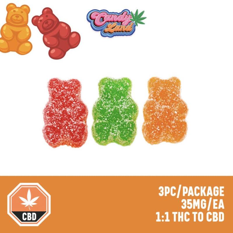 30% OFF!! Candy Land - Sour Gummy Bears 105mg 1:1 /THC:CBD (3 Pieces/35mg each)
