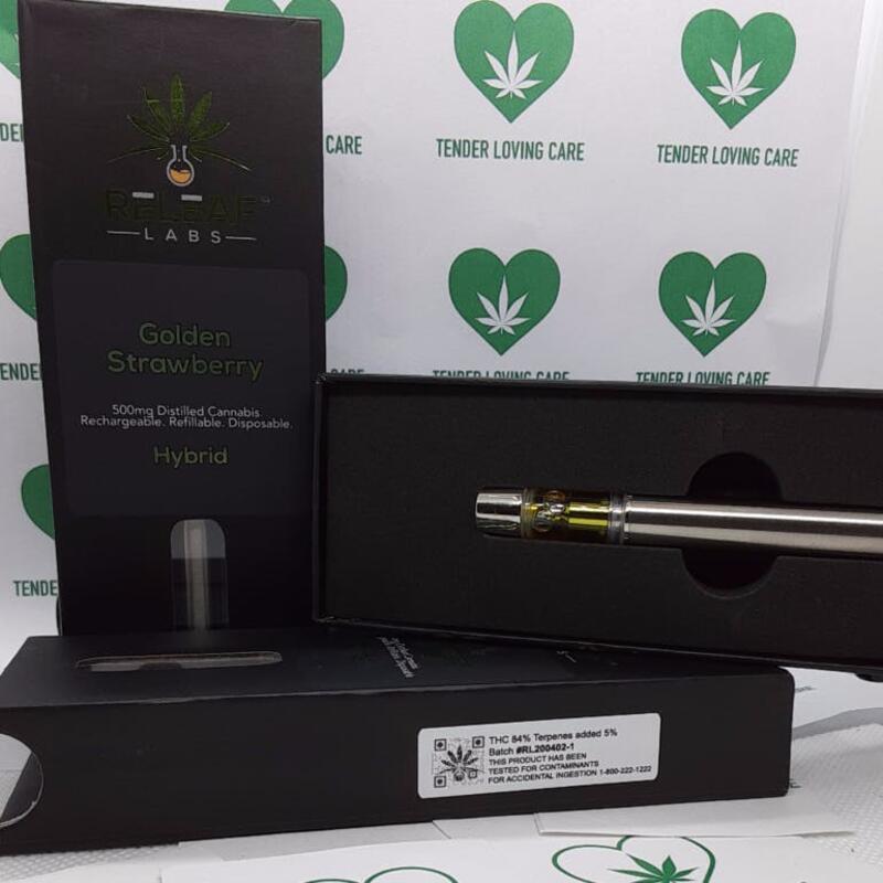 Releaf Labs Golden Strawberry 500mg Distilled Cannabis. Rechargeable. Disposable, Unit