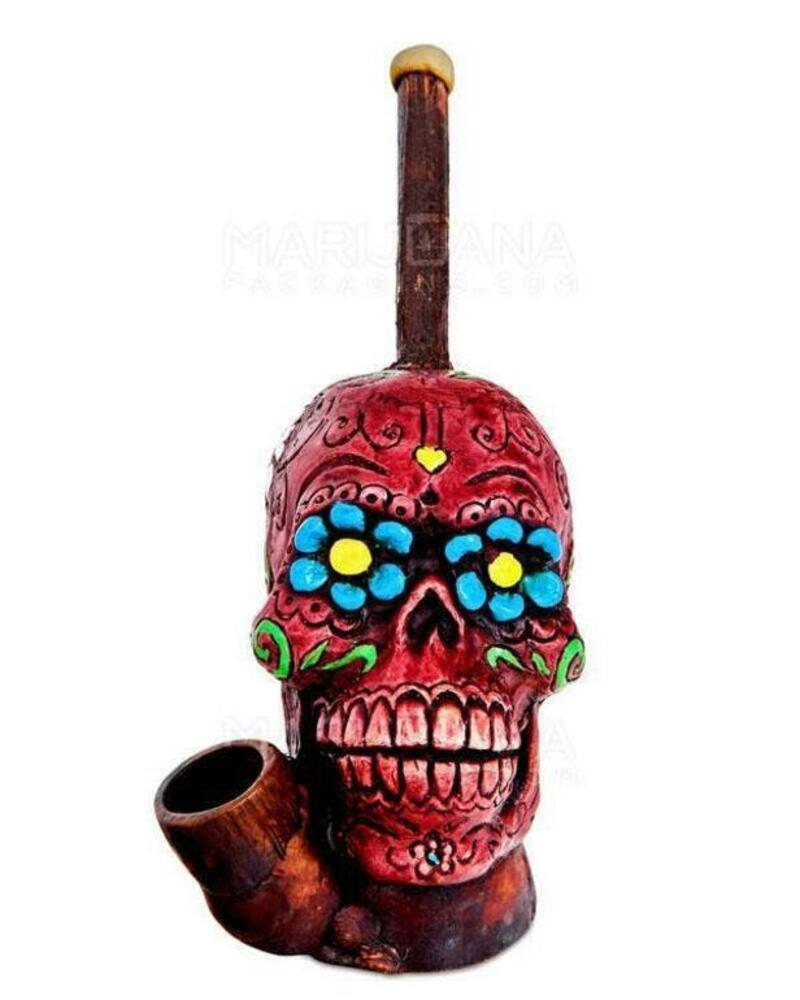 Los Muertos Sugar Skull Wood Pipe 6" Red - Pipe No. 85258