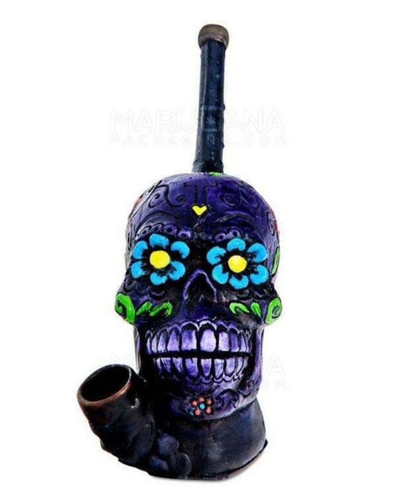 Los Muertos Sugar Skull Wood Pipe 6" Purple - Pipe No. 85260