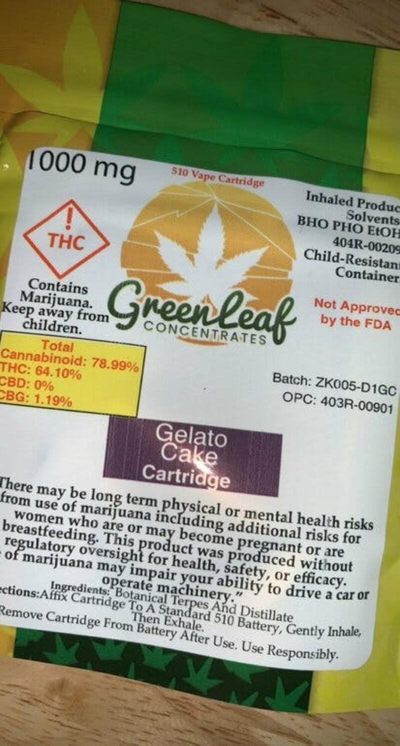 Green Leaf 1000mg Cartridge (Gelato Cake)