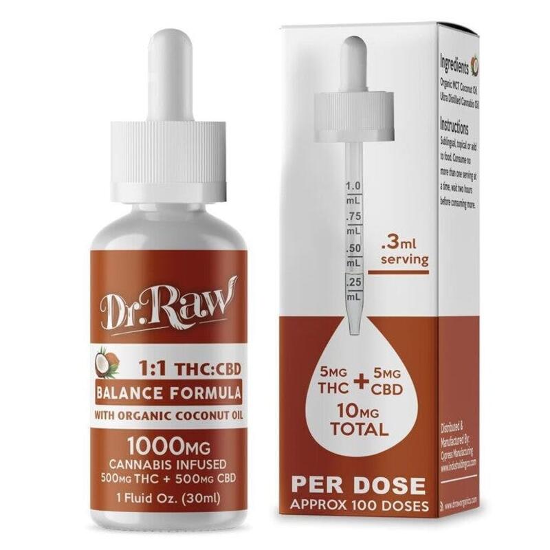 Dr. Raw Organics Balance 1:1 THC/CBD 1000MG Tincture