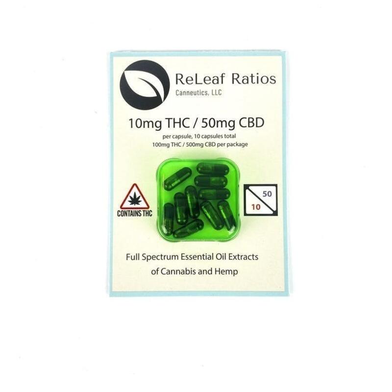 Releaf Ratios 10mg THC : 50mg CBD Capsules