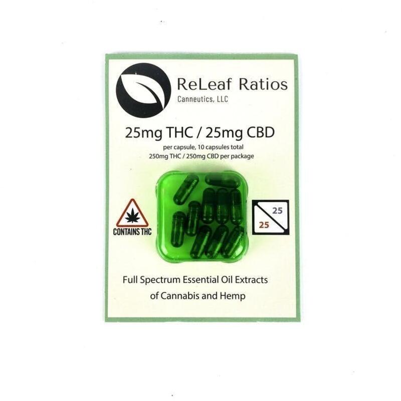 Releaf Ratios 25mg THC : 25mg CBD Capsules
