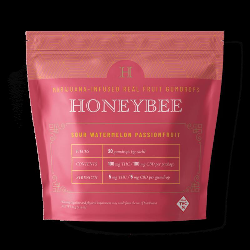 Honeybee Sour Watermelon Passionfruit Real Fruit Gumdrops 1:1 THC:CBD 20pk