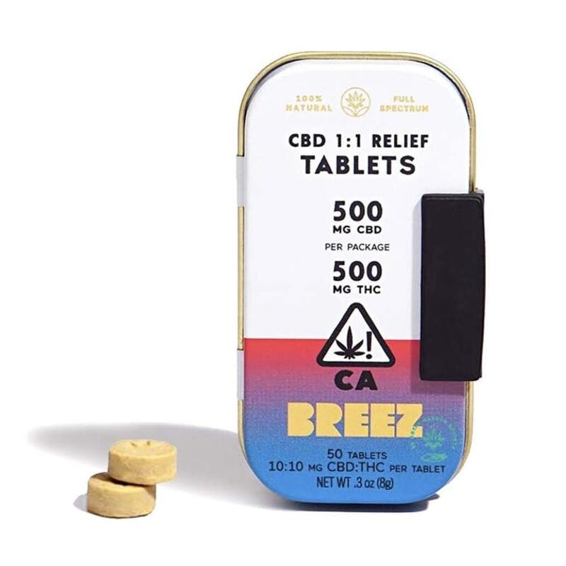 Breez - CBD 1-1 Relief Tablet Tins (500 MG THC + 500 MG CBD)