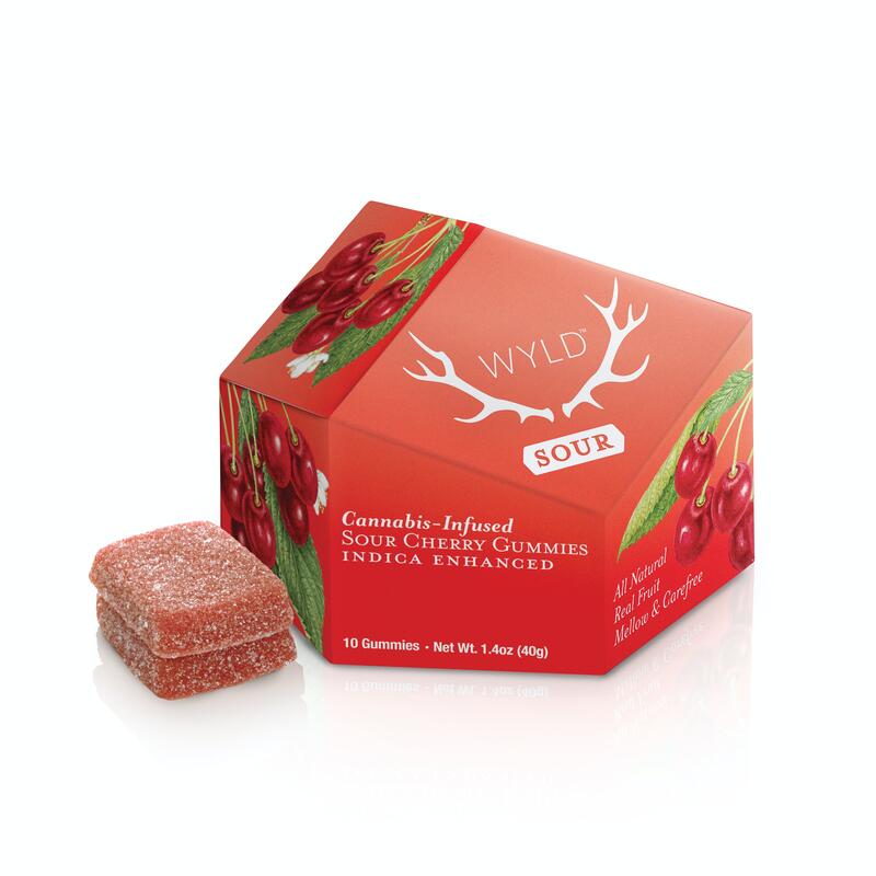 Wyld Sour Cherry Indica Enhanced Gummies 100mg box, 10mg pc