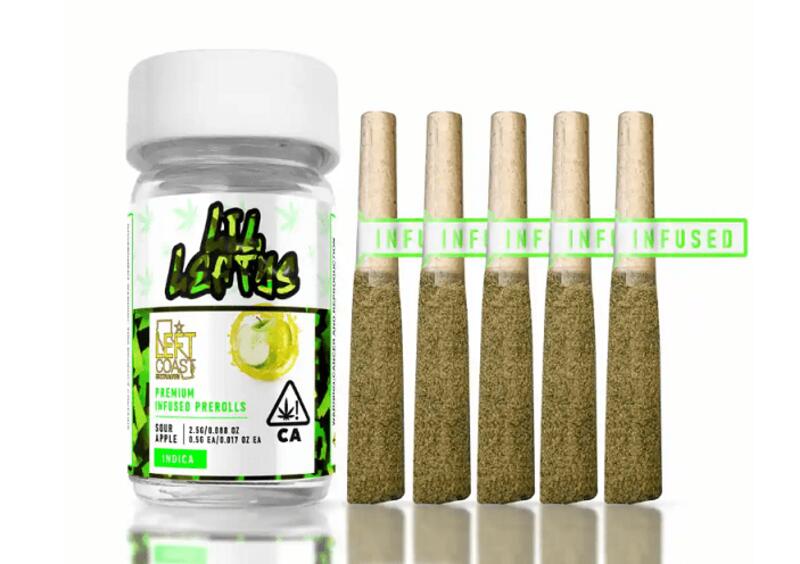 Left Coast Extracts - 2.5g (.5g 5 Pk) LIL LEFTYS Infused Preroll Sour Apple - Indica