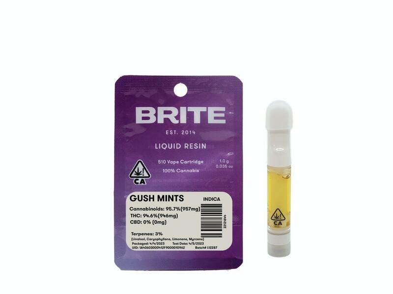 Gush Mints Live Resin Cartridge from Brite Labs 1 gram - Indica