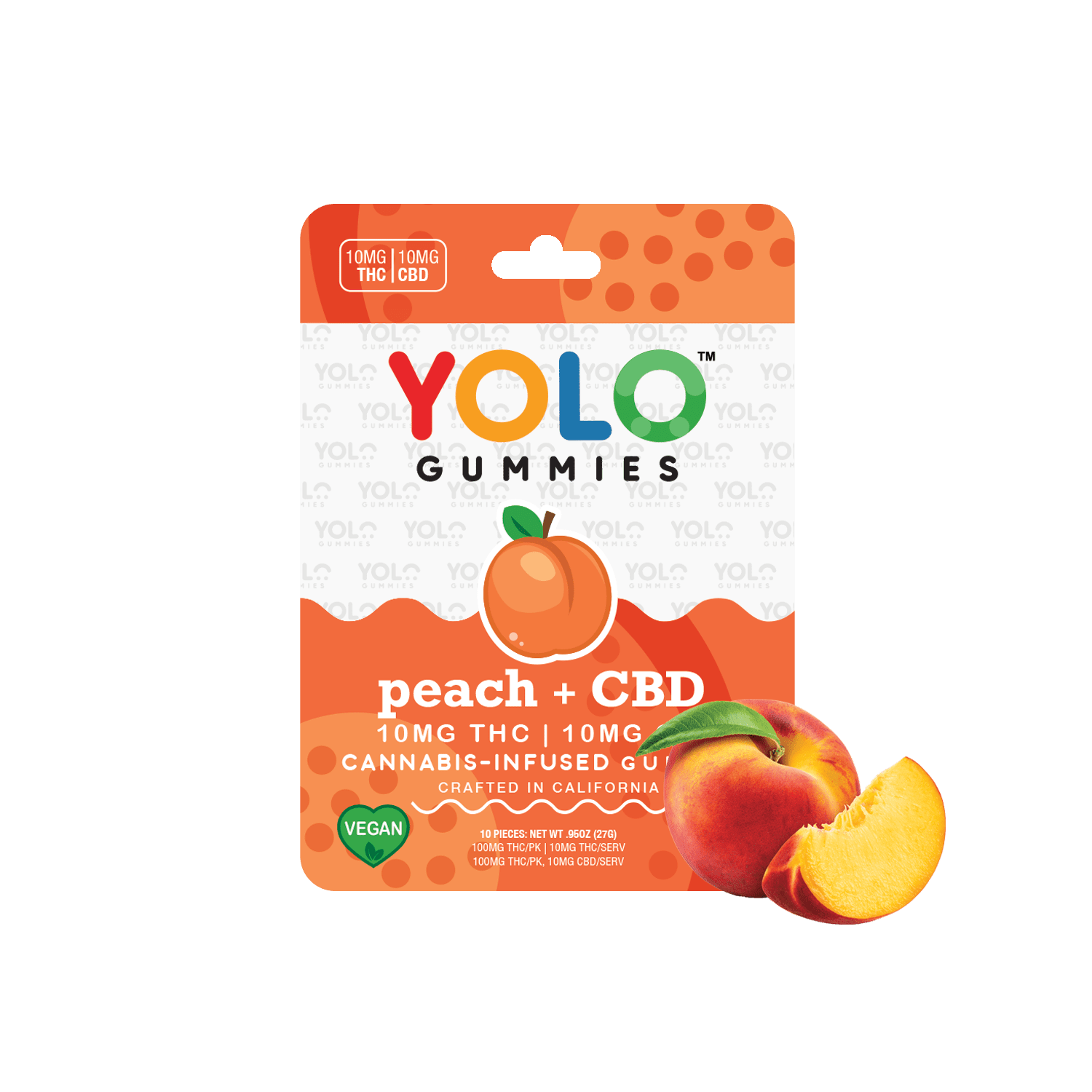 Yolo Gummies - Peach + CBD - 1:1 THC:CBD (10 x 10mg THC:10mg CBD) - 200mg