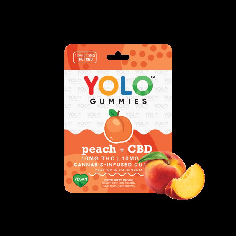 Yolo Gummies - Peach + CBD - 1:1 THC:CBD (10 x 10mg THC:10mg CBD) - 200mg
