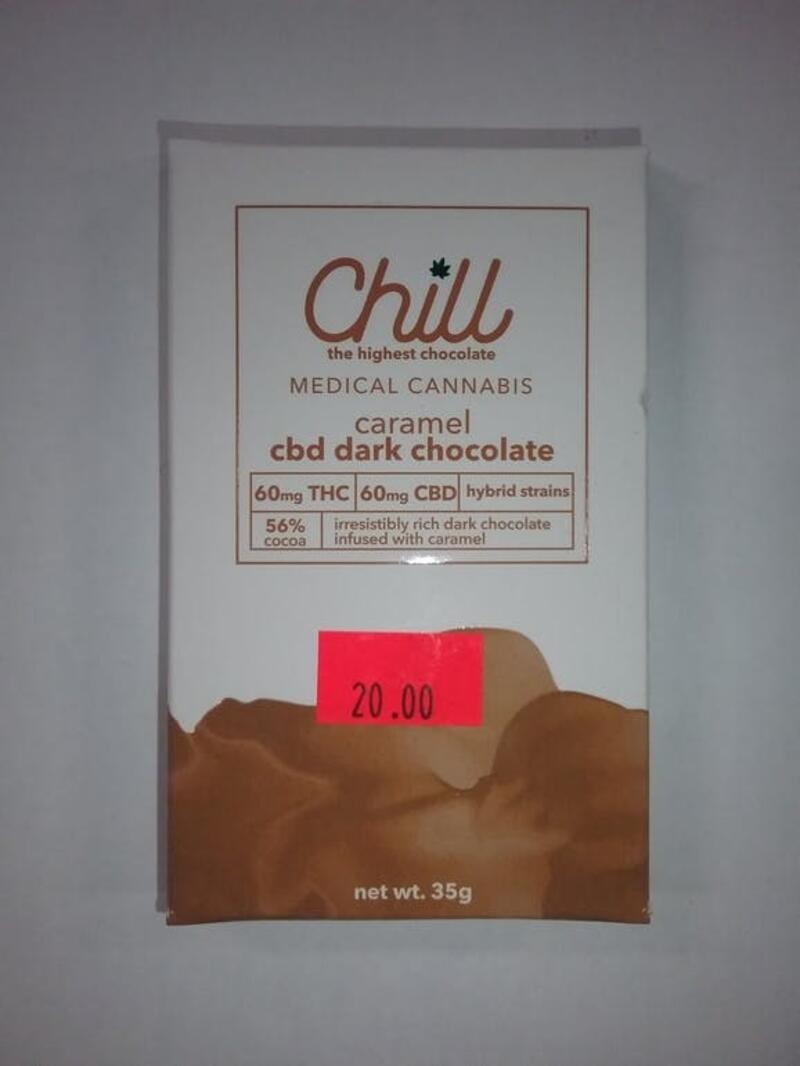 CHILL CHOCOLATES CARAMEL DARK CHOCOLATE 60mg THC 60mg CBD